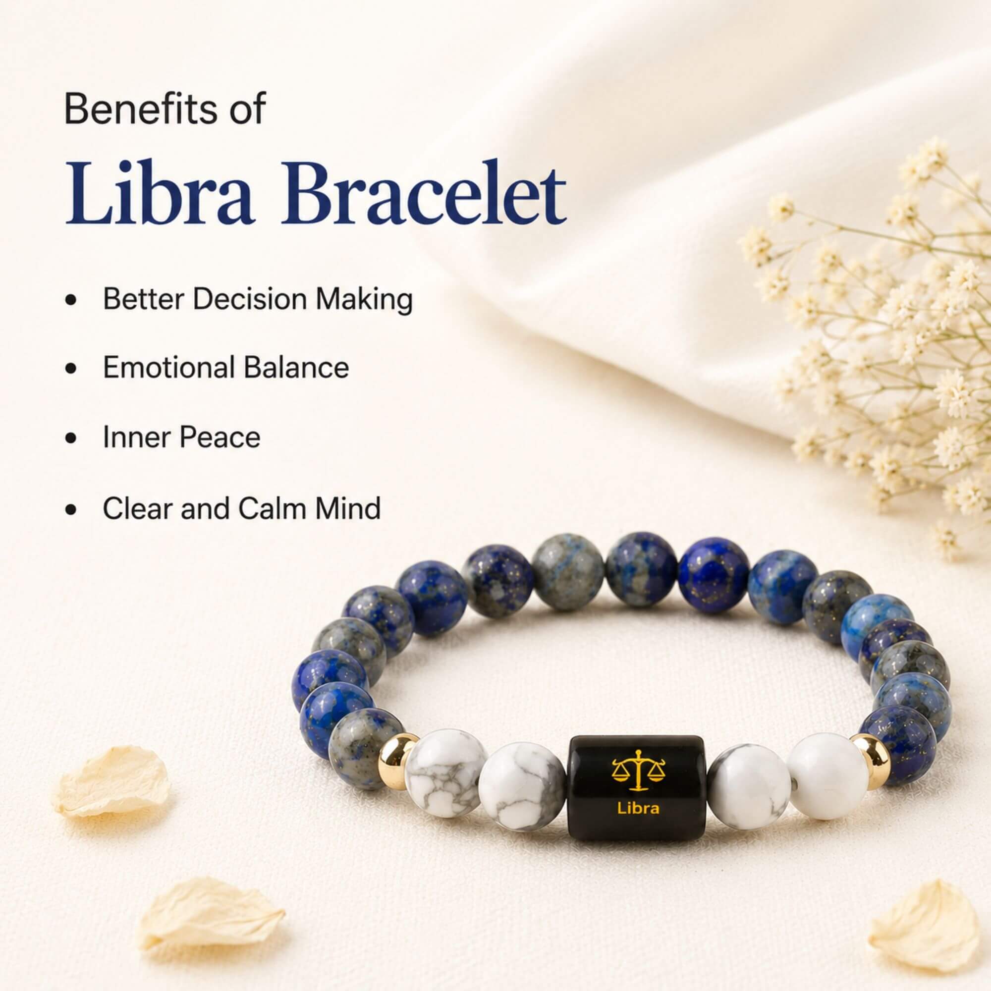 Libra (तुला राशि) Zodiac Bracelet (Free Selenite Plate)