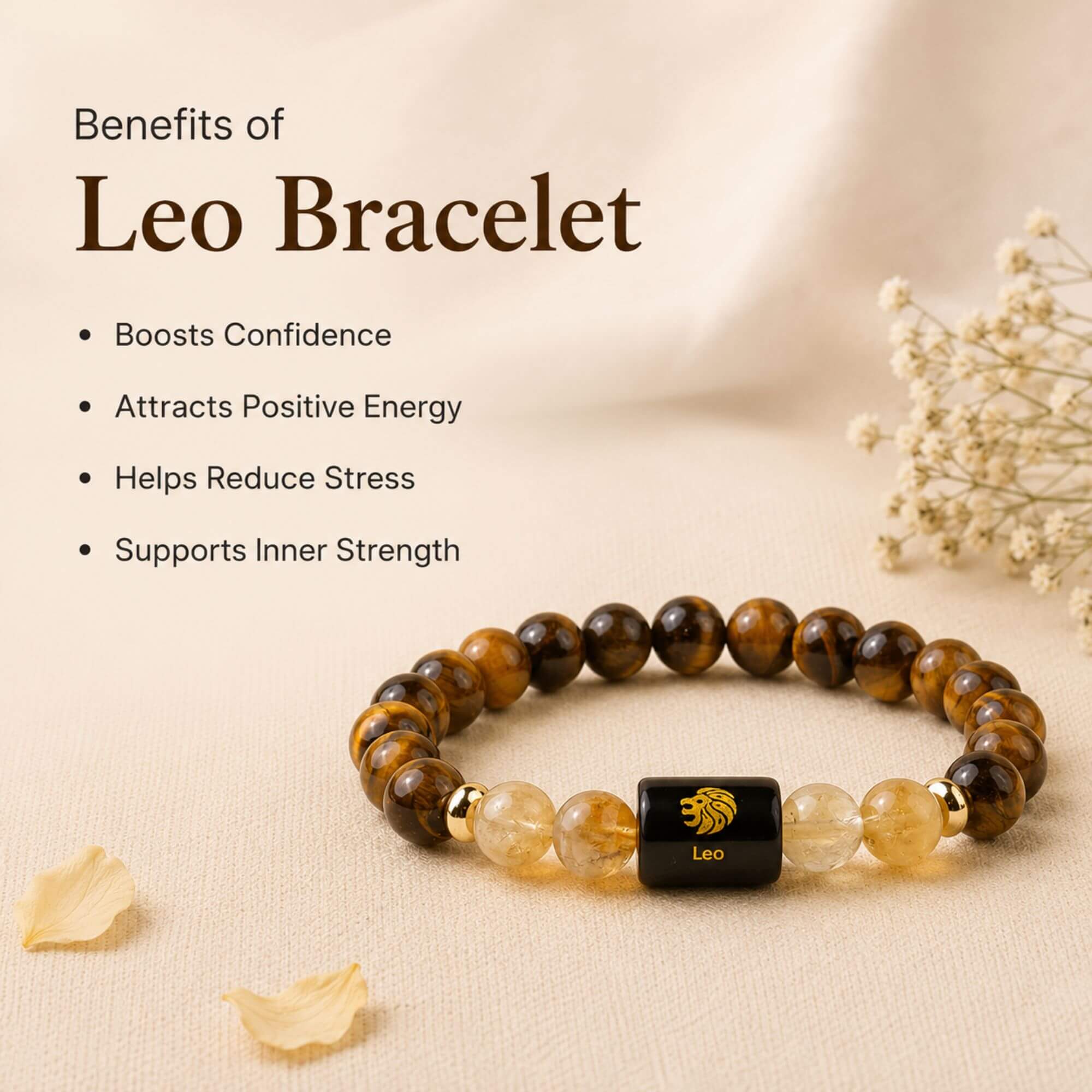 Leo (सिंह राशि) Zodiac Bracelet (Free Selenite Plate)