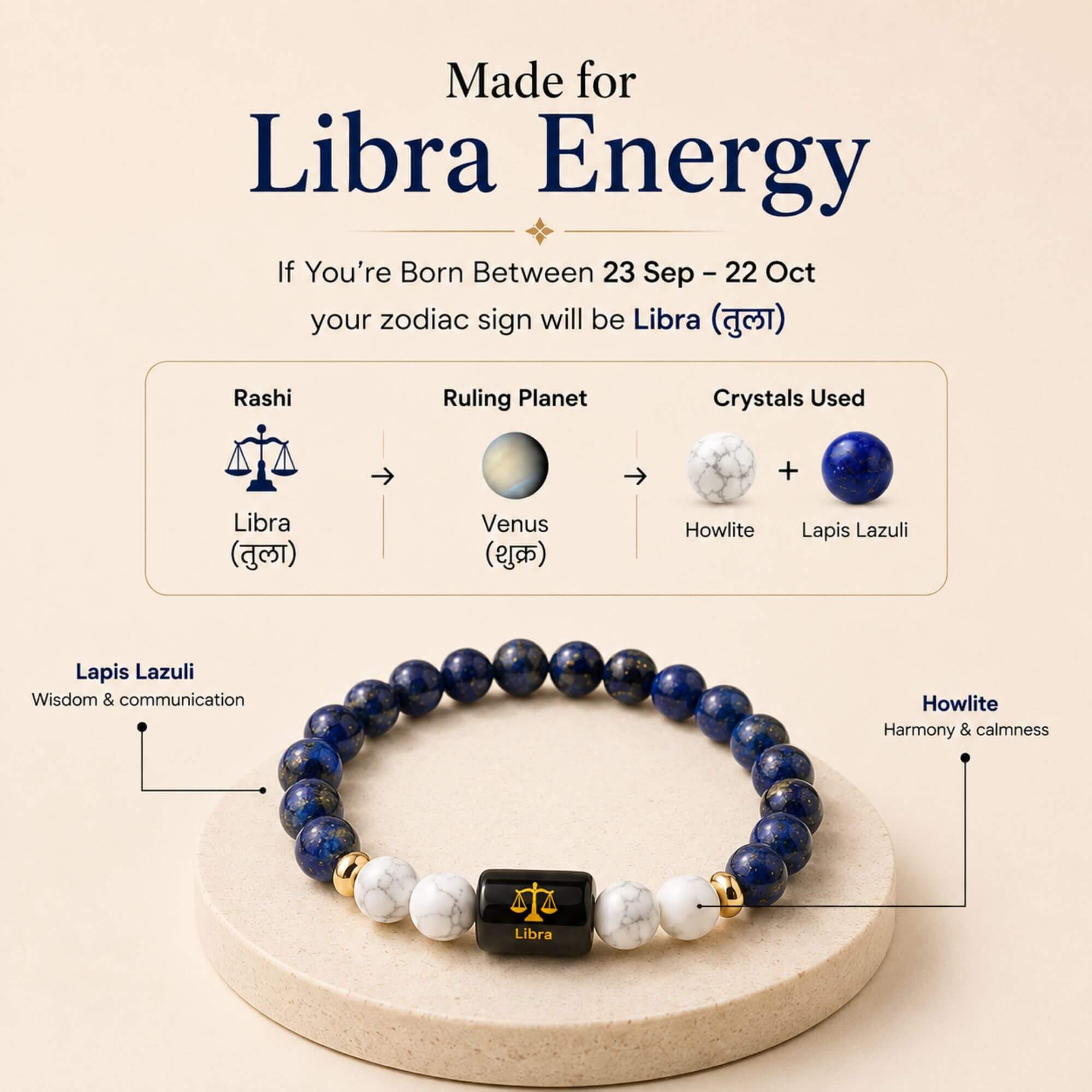 Libra (तुला राशि) Zodiac Bracelet (Free Selenite Plate)