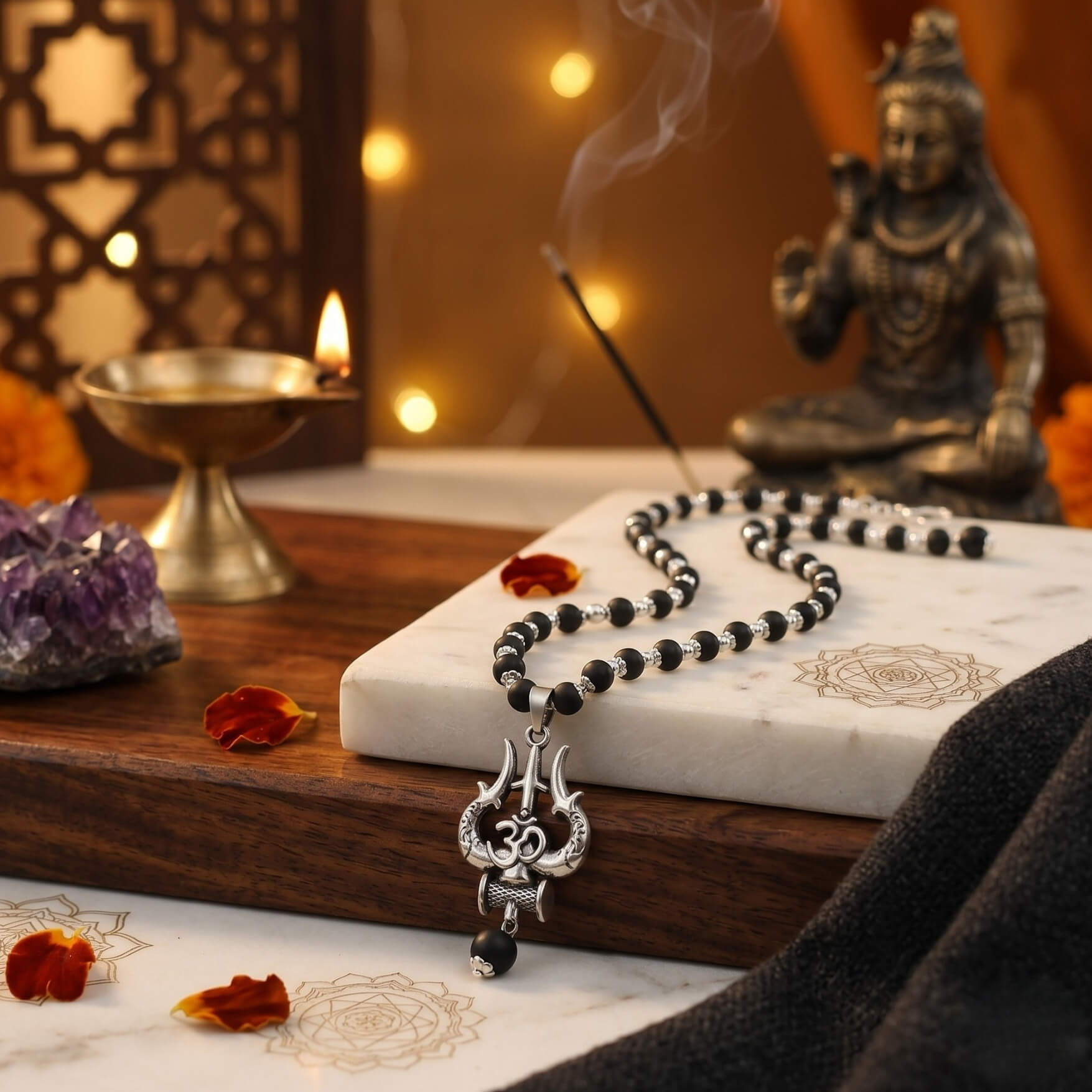 Karungali Mala with Om Shiva Trishul Pendant - Urja Ghar