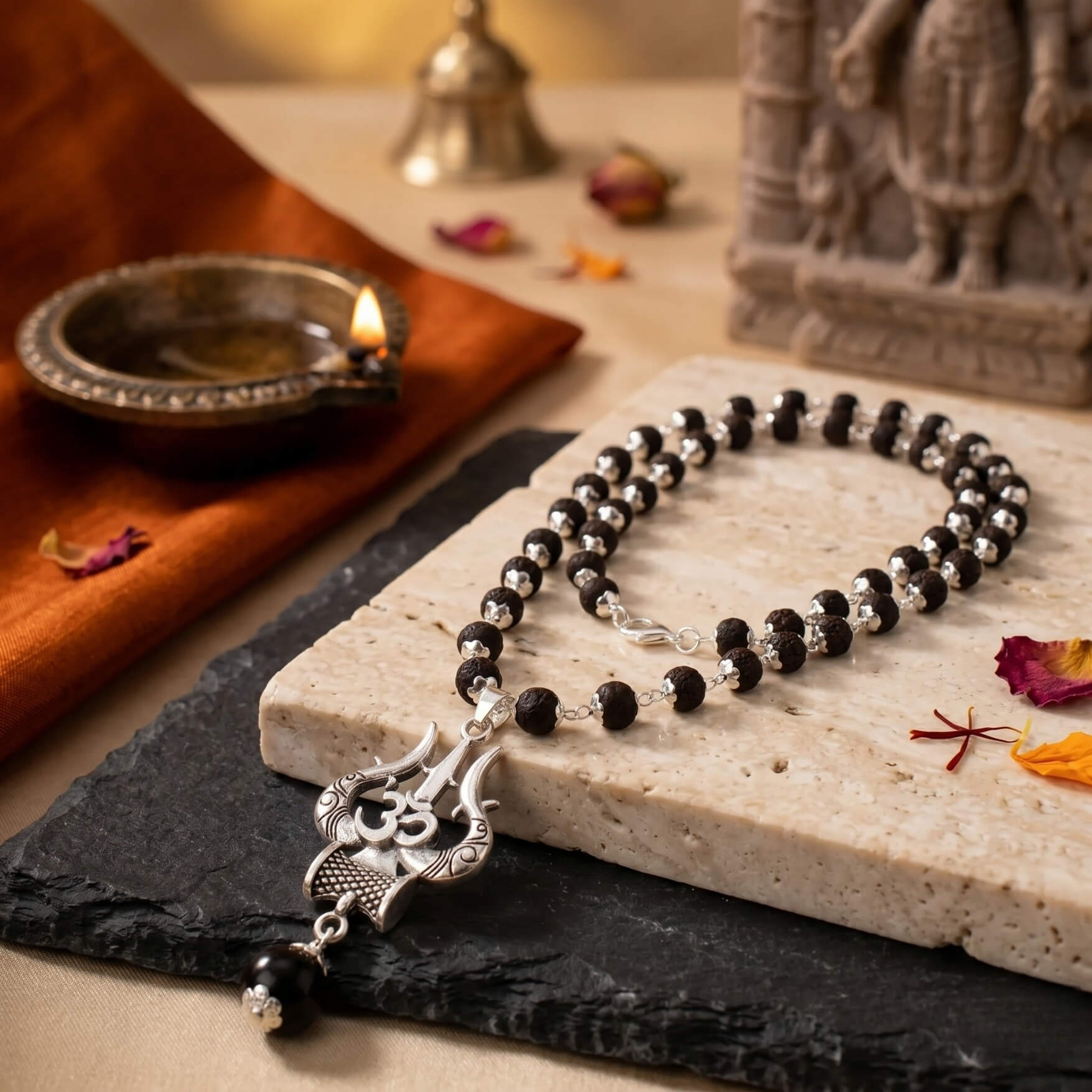Karungali Mala with Om Shiva Trishul Pendant - Urja Ghar