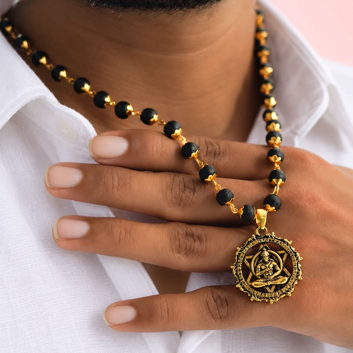 Gold-Plated Karungali Mala with Hanuman Kavach Pendant