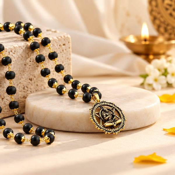 Gold-Plated Karungali Mala with Hanuman Kavach Pendant