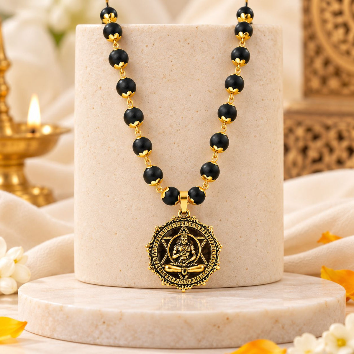 Gold-Plated Karungali Mala with Hanuman Kavach Pendant