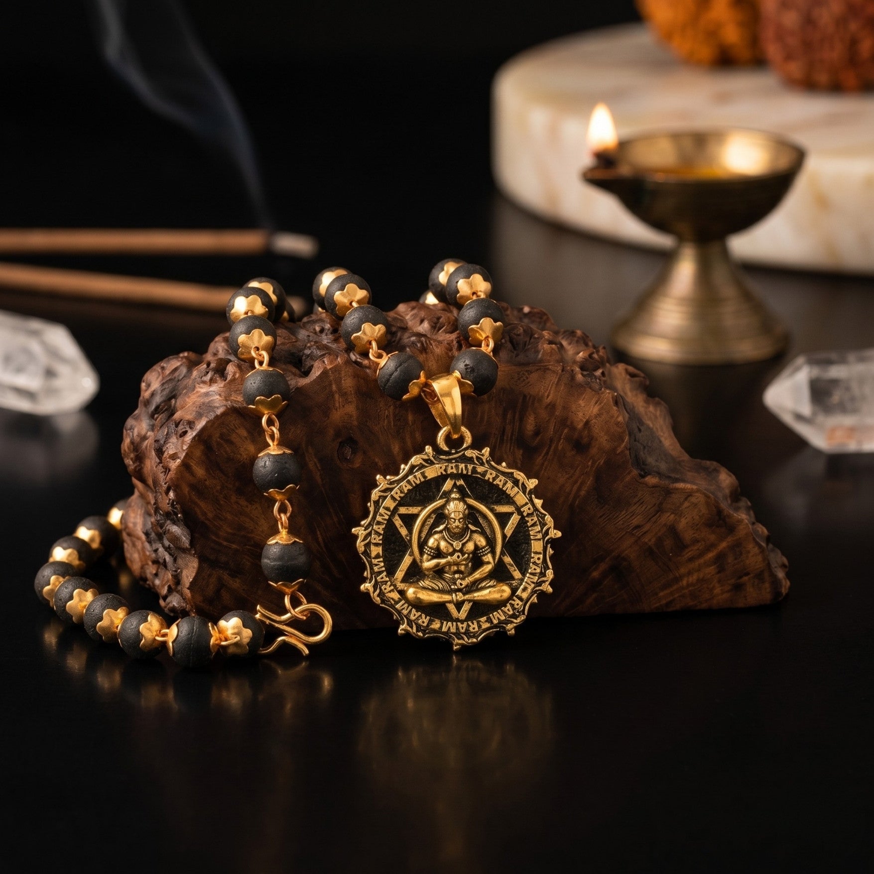 Gold-Plated Karungali Mala with Hanuman Kavach Pendant