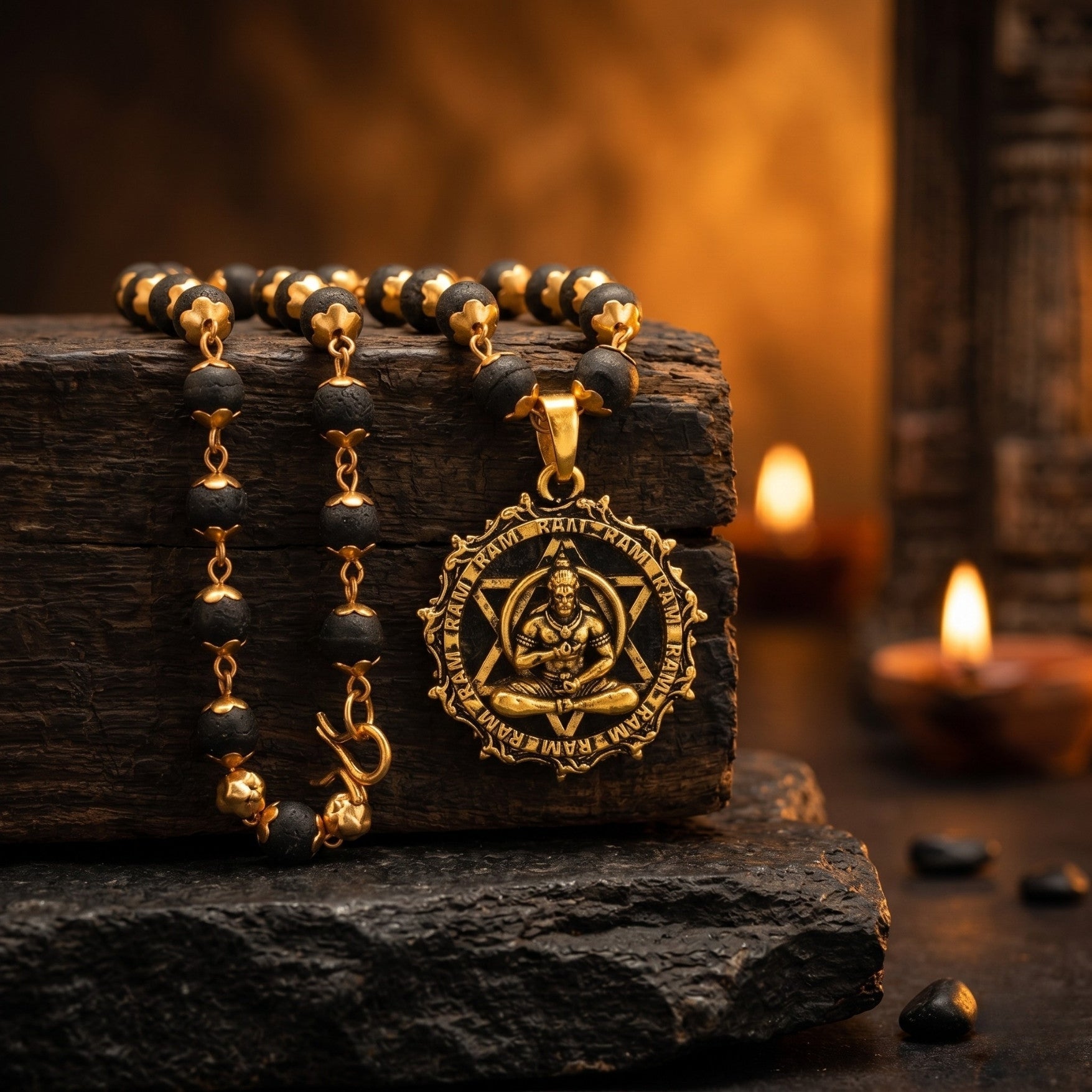 Gold-Plated Karungali Mala with Hanuman Kavach Pendant
