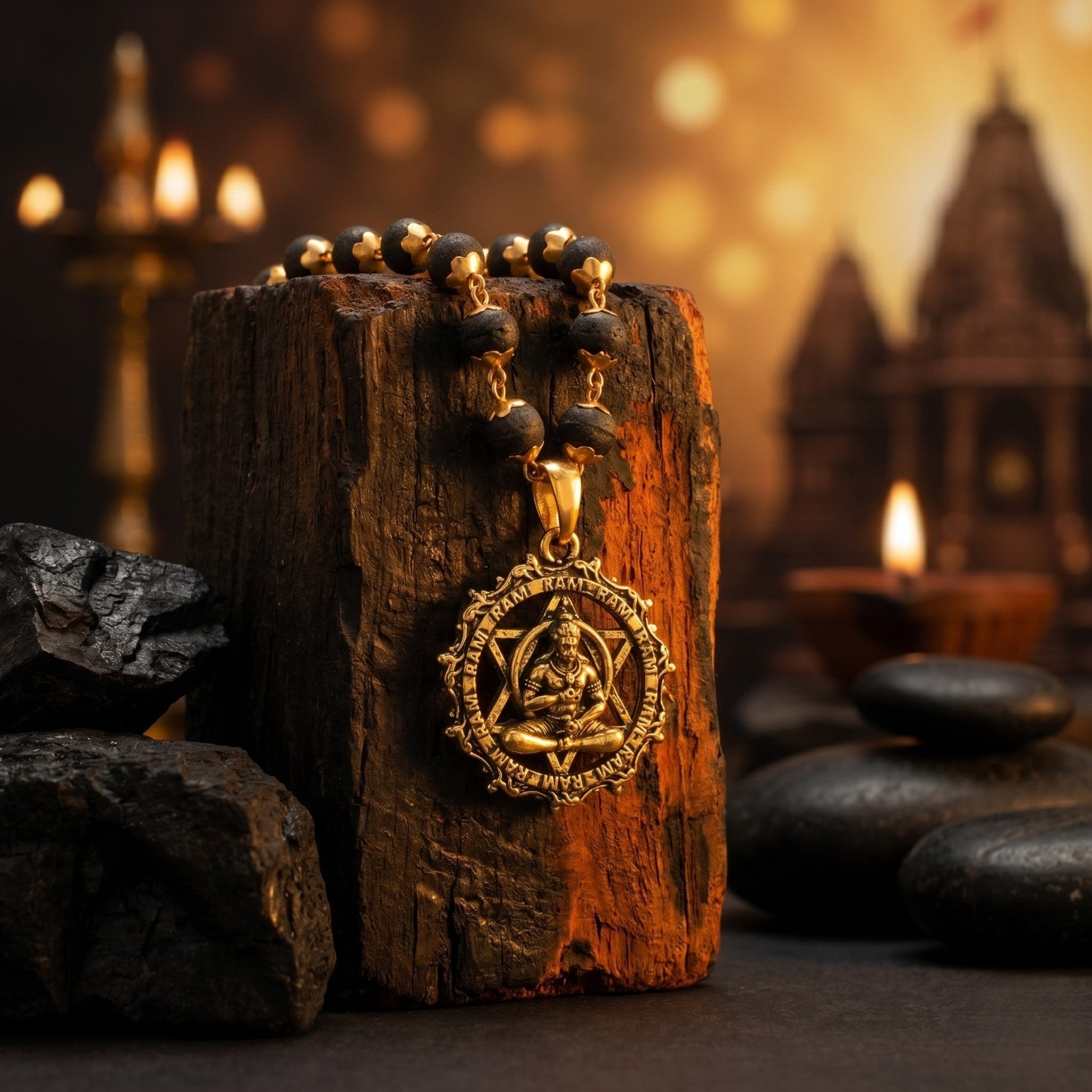 Gold-Plated Karungali Mala with Hanuman Kavach Pendant