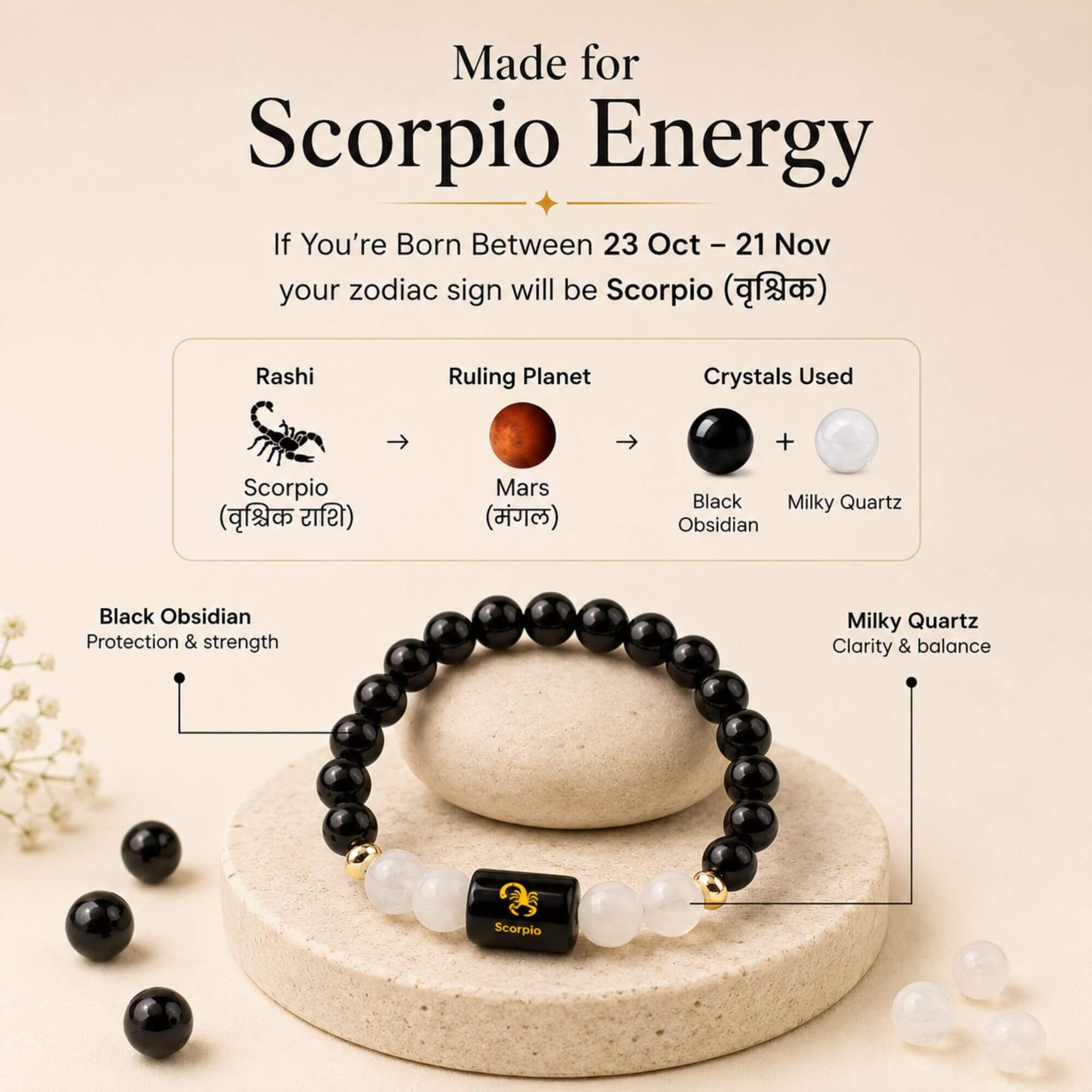 Scorpio (वृश्चिक राशि) Zodiac Bracelet (Free Selenite Plate)
