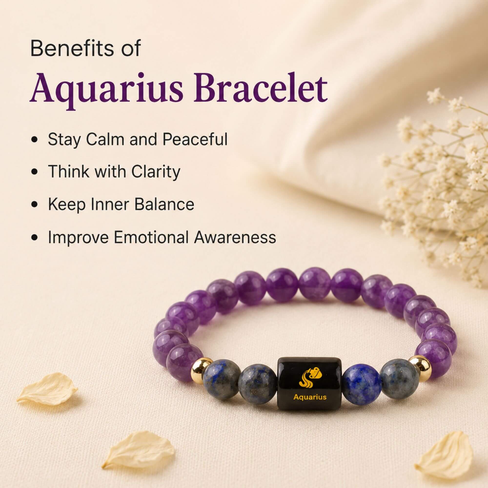 Aquarius (कुंभ राशि) Zodiac Bracelet (Free Selenite Plate)