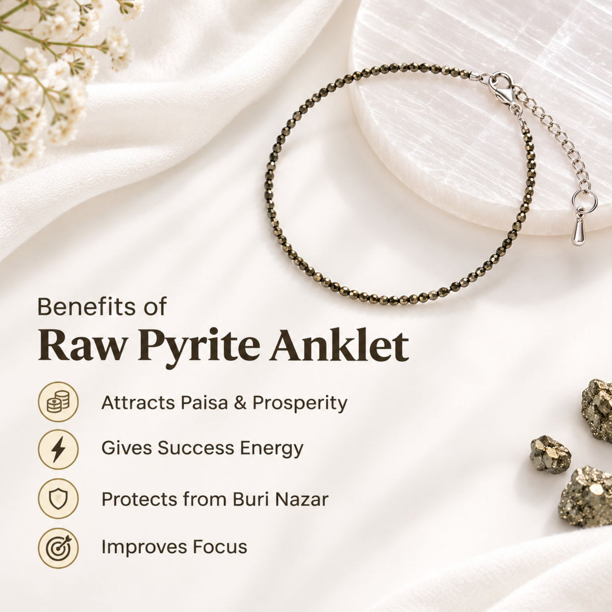 Raw Pyrite Anklet with Free Raw Selenite Plate