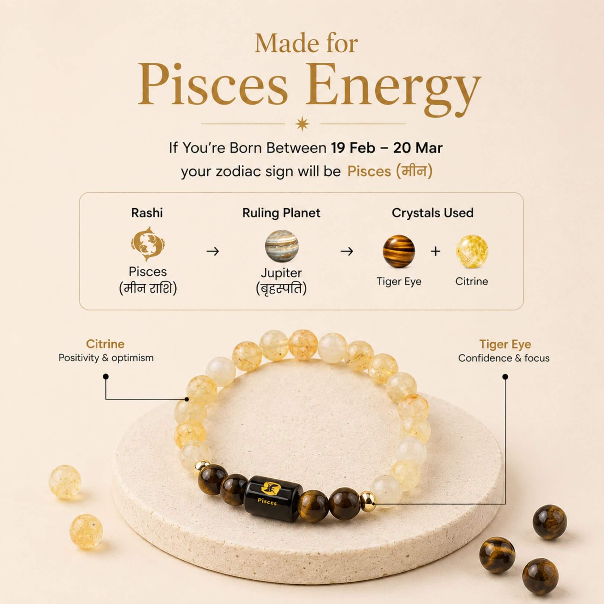 Pisces (मीन राशि) Zodiac Bracelet (Free Selenite Plate)