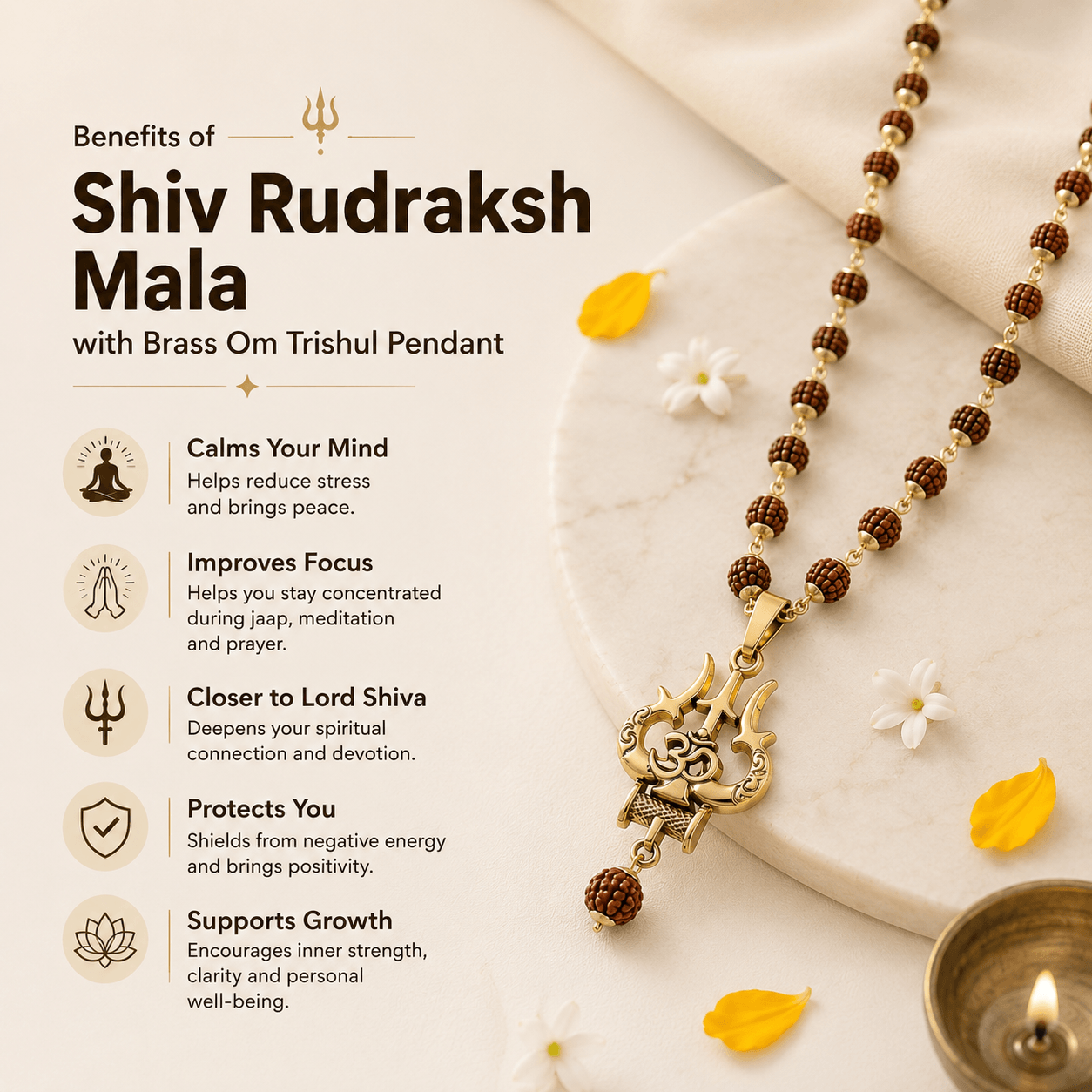 OM Shiva Trishool Rudraksha Necklace - 54 Beads