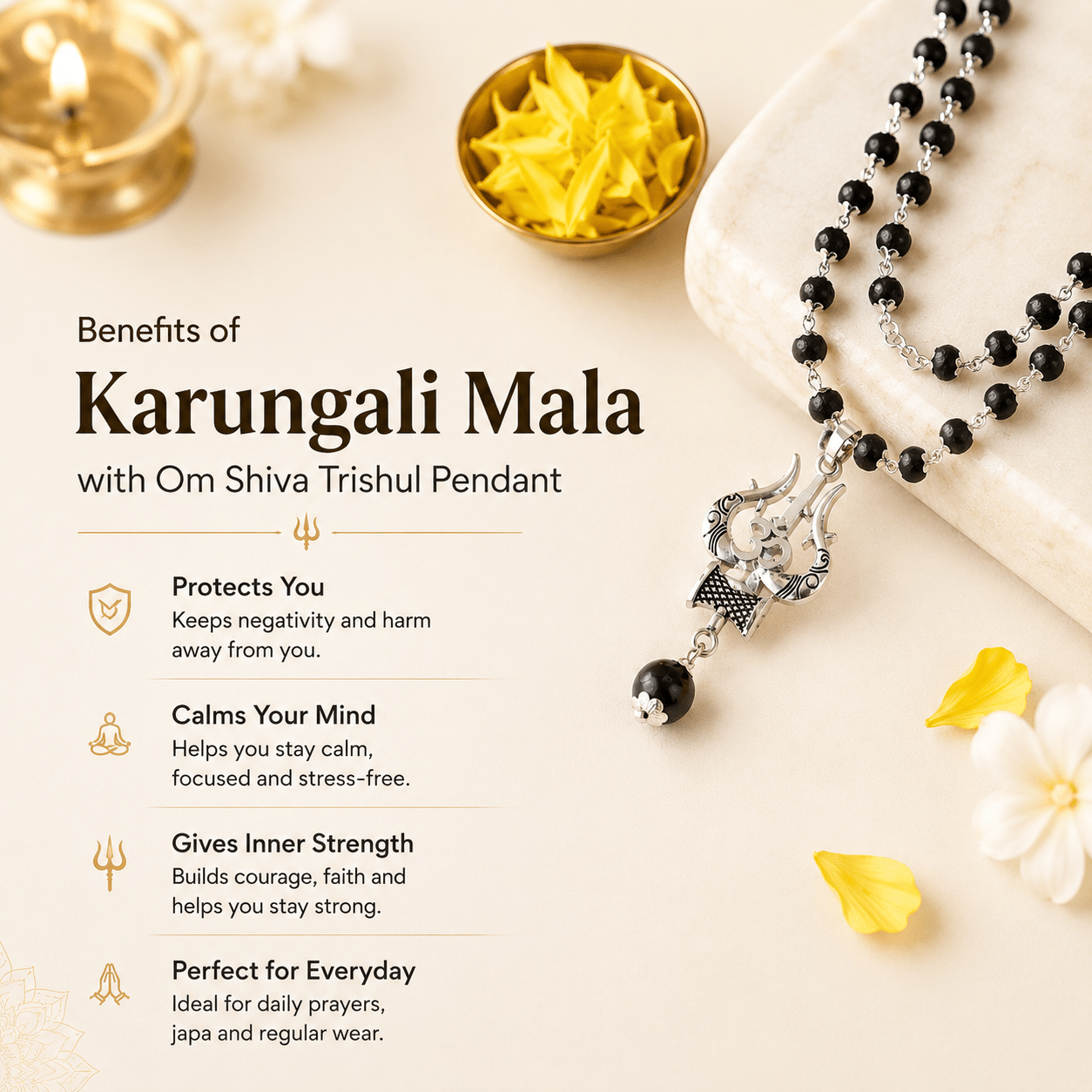 Karungali Mala with Om Shiva Trishul Pendant - Urja Ghar