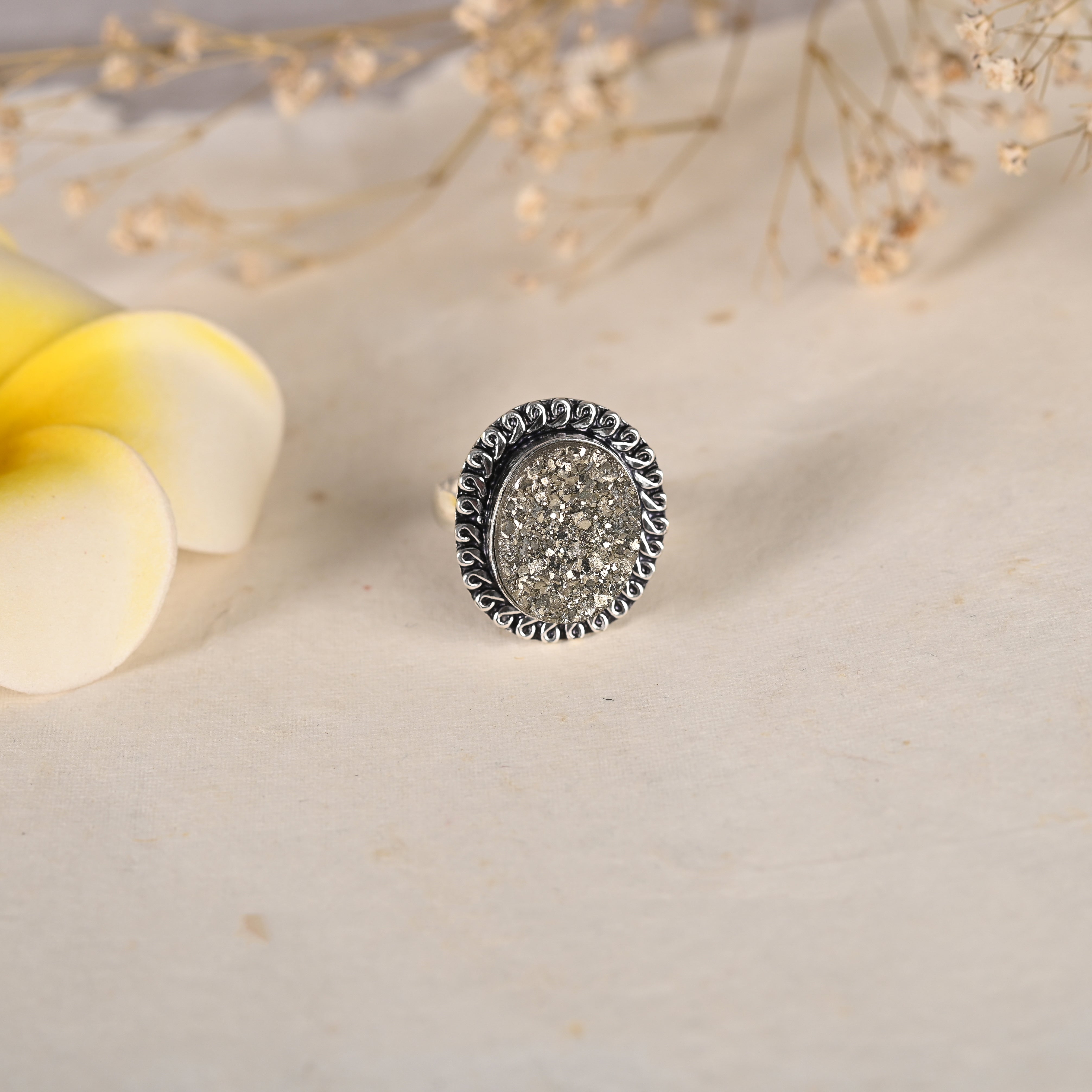 Pyrite Adjustable Ring With Design (Men/Women)